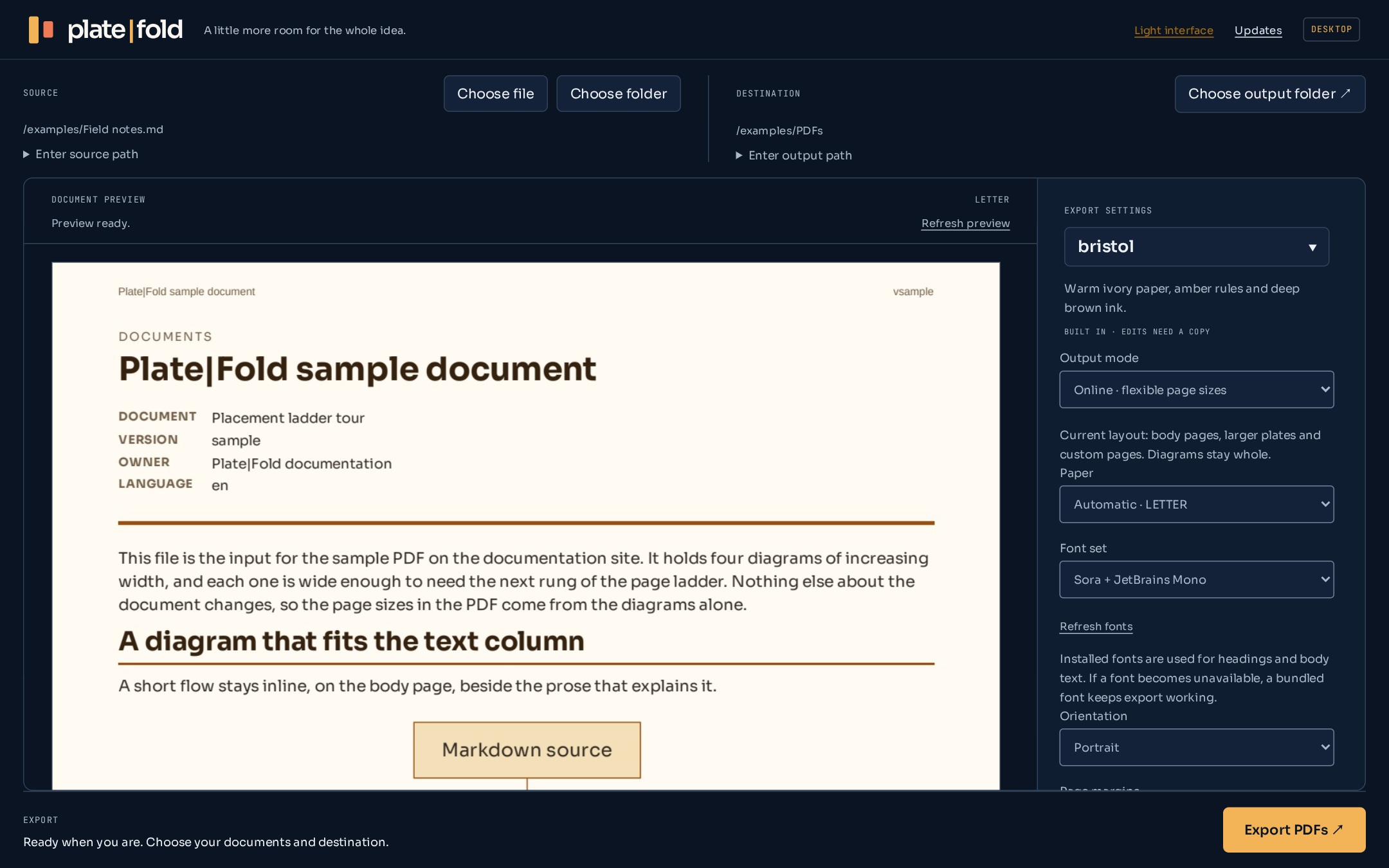PlateFold’s dark interface with an example document and export settings