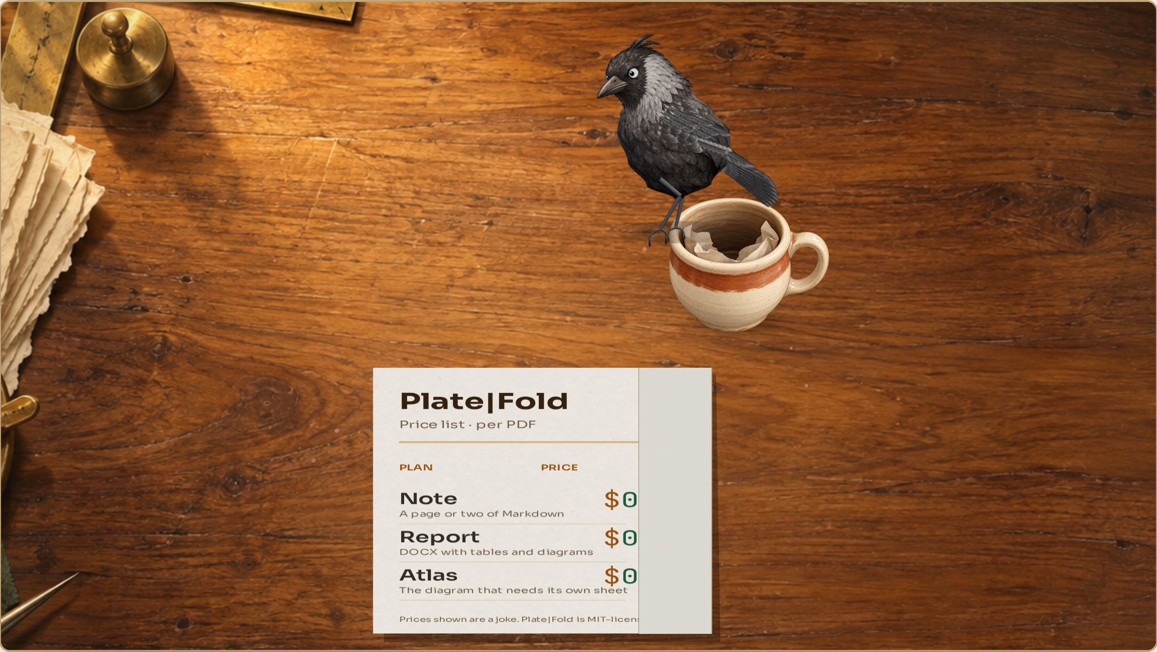 Rivet the jackdaw perches on the rim of a mug lined with paper, his nest, on a lamplit walnut desk. Below him a Plate|Fold price list reads $0 for every plan, its blank paper fold-out folded flat beside it.